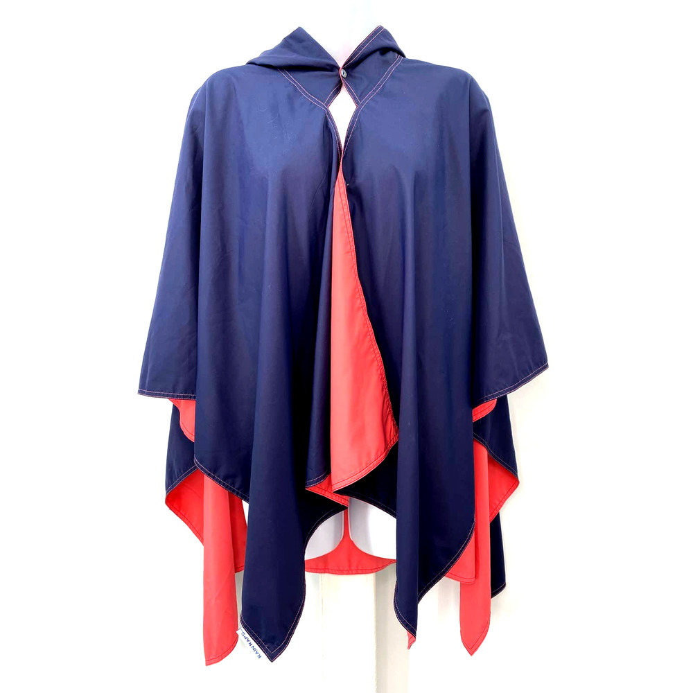 Rain Raps Hooded Poncho Reversible Contrasting Trim 2 Button Water Resistant EUC